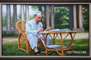 tranh chân dung bác hồ ngồi làm việc