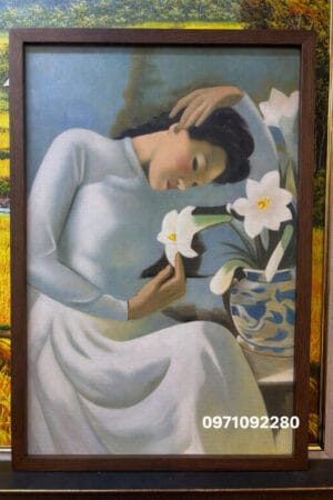 tranh chân dung thiếu nữ bên hoa huệ vẽ sơn dầu